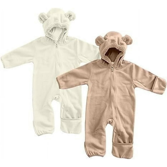 Cuddle Club Fleece Baby Bunting Bodysuit One Piece Hooded Romper Outerwear, 18-24 Months White & Light Brown (2 Pack)