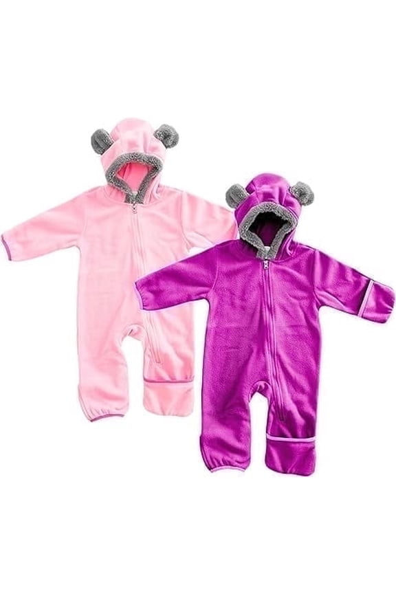 Fleece Baby Bunting Bodysuit One Piece Hooded Romper Outerwear, 2T Pink & Purple 2-Pack