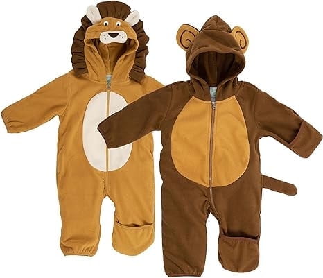 Cuddle Club Fleece Baby Bunting Bodysuit One Piece Hooded Romper Outerwear, 3 to 6 Months Lion & Monkey 2-Pack