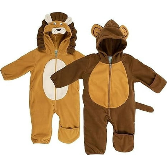 Cuddle Club Fleece Baby Bunting Bodysuit One Piece Hooded Romper Outerwear, 6 to 12 Months Lion & Monkey 2-Pack