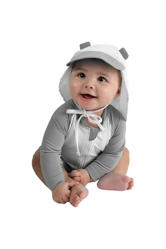One-Piece Baby Swimsuit UPF 50+ Infant Sunscreen Baby Beach Gear, Bear White/Gray 6-12 Mos