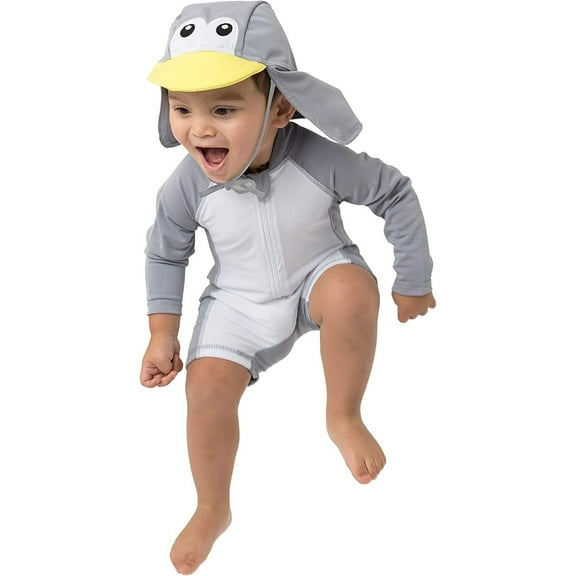 Cuddle Club One-Piece Baby Swimsuit UPF 50 Infant Sunscreen Baby Beach Gear, Penguin 6-12 Mos