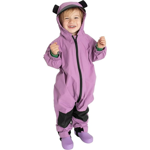 Cuddle Club One Piece Kids Rain Suit Waterproof Jacket Toddler Overalls, Purple Bear 18-24 Months