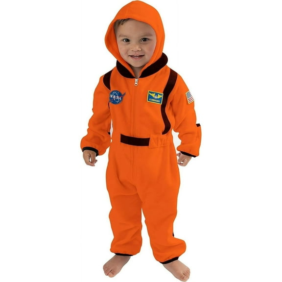 Cuddle Club One Piece Romper Hooded Fleece Onesie Jumper for Baby, Astronaut Orange 18-24 Mos