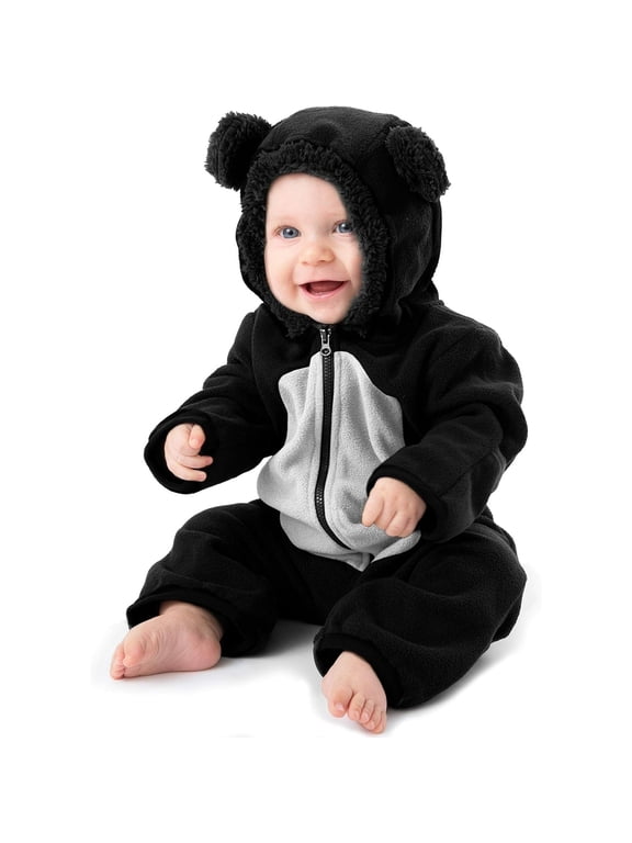 One Piece Romper Hooded Fleece Onesie Jumper for Baby, Bear B&W 18-24 mos