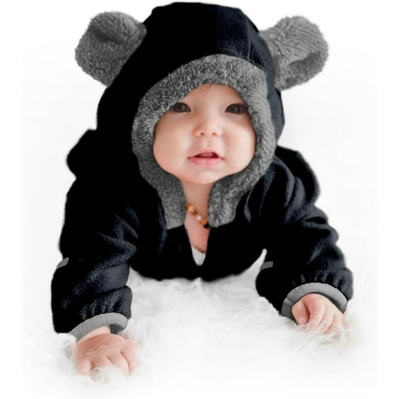 Cuddle Club One Piece Romper Hooded Fleece Onesie Jumper for Baby, Bear Black Newborn