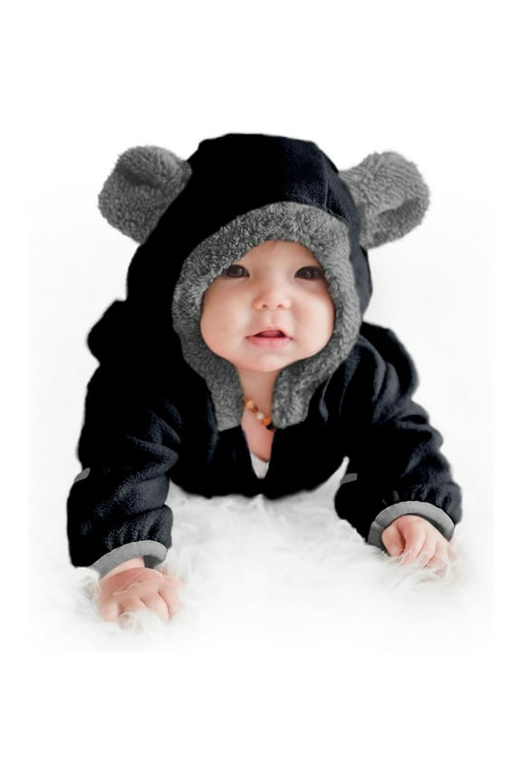 One Piece Romper Hooded Fleece Onesie Jumper for Baby, Bear Black Newborn