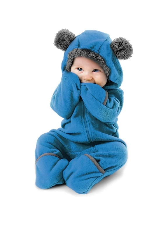 One Piece Romper Hooded Fleece Onesie Jumper for Baby, Bear Blue 12-18 Mos