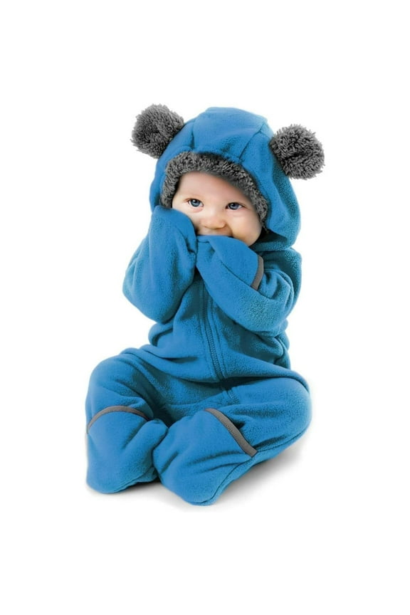 One Piece Romper Hooded Fleece Onesie Jumper for Baby, Bear Blue 12-18 Mos