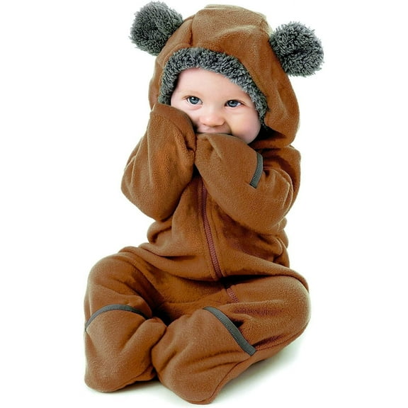 Cuddle Club One Piece Romper Hooded Fleece Onesie Jumper for Baby, Bear Brown Newborn