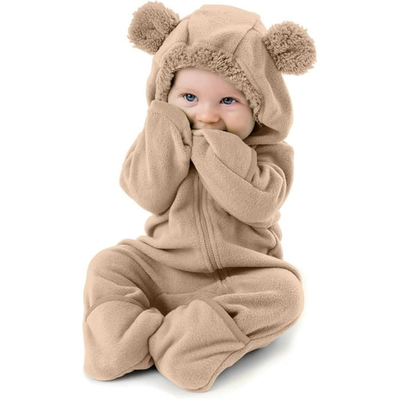 Cuddle Club One Piece Romper Hooded Fleece Onesie Jumper for Baby, Bear Ivory 3 to 6 Months