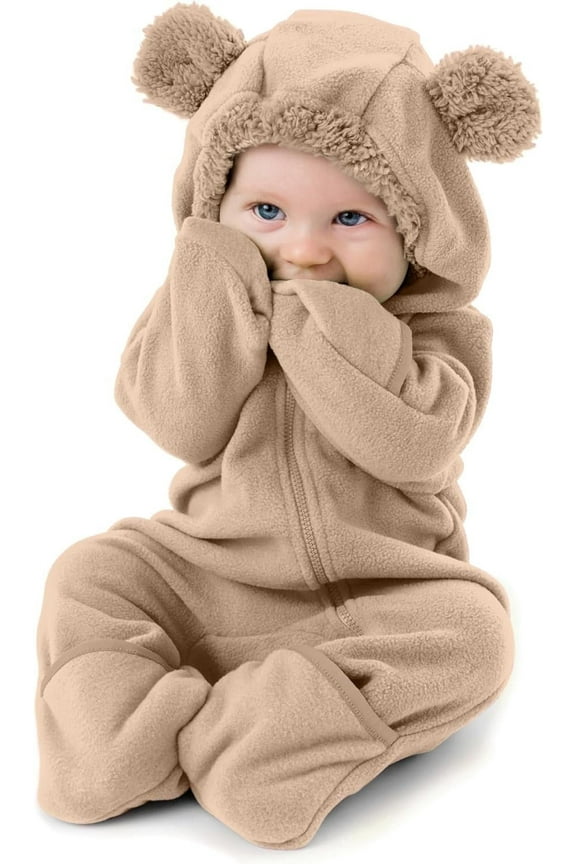 One Piece Romper Hooded Fleece Onesie Jumper for Baby, Bear Ivory 3 to 6 Months