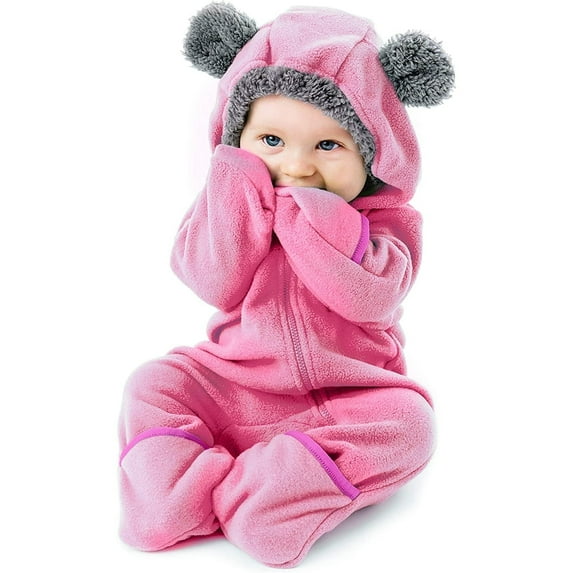 Cuddle Club One Piece Romper Hooded Fleece Onesie Jumper for Baby, Bear Pink Newborn