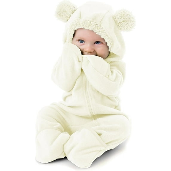 Cuddle Club One Piece Romper Hooded Fleece Onesie Jumper for Baby, Bear White 2T