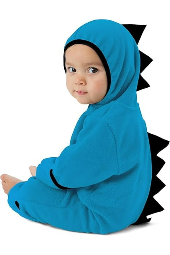 One Piece Romper Hooded Fleece Onesie Jumper for Baby, Blue Black Dino 2T