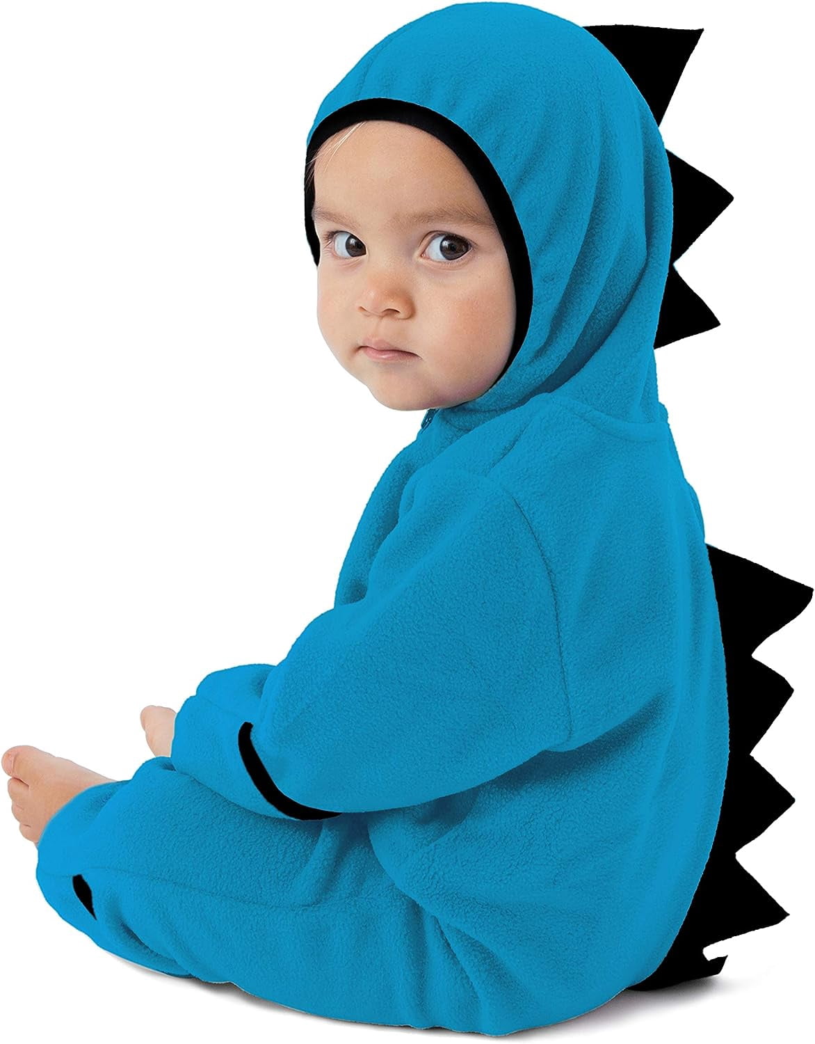 Babyhug 100% Cotton Knit Full Sleeves Hooded Dino Printed Romper - White & Blue main image 1