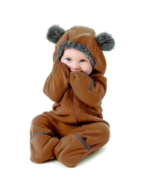 One Piece Romper Hooded Fleece Onesie Jumper for Baby, Brown Bear 12-18 Mos