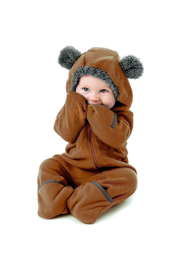 One Piece Romper Hooded Fleece Onesie Jumper for Baby, Brown Bear 3-6 Mos