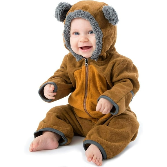 Cuddle Club One Piece Romper Hooded Fleece Onesie Jumper for Baby, Brown Tan Bear 12-18 Mos