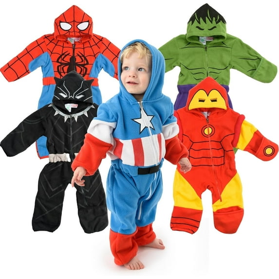 Cuddle Club One Piece Romper Hooded Fleece Onesie Jumper for Baby, Captain America 3 to 6 Months