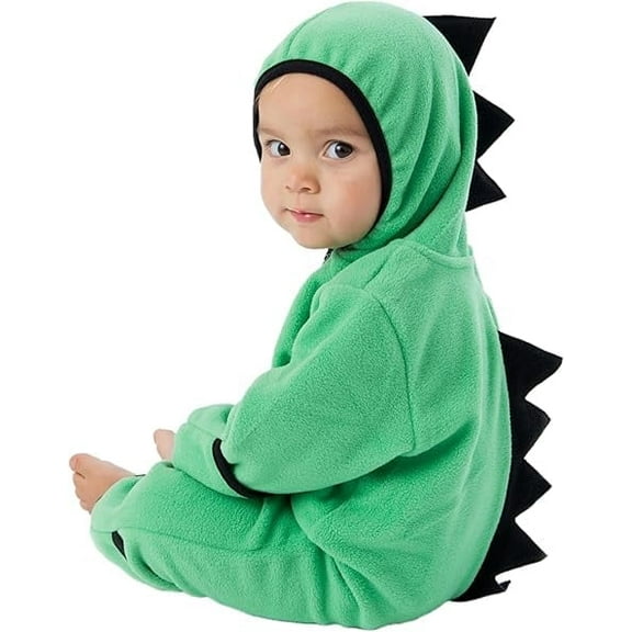 Cuddle Club One Piece Romper Hooded Fleece Onesie Jumper for Baby, Dino Green/Balck 0-3 Mos