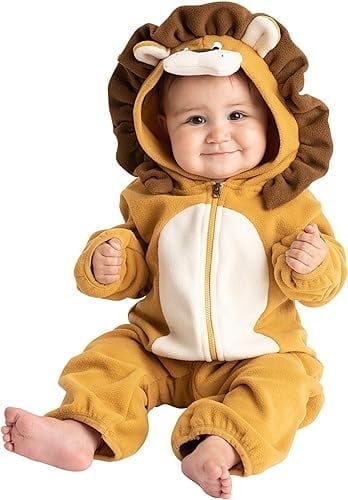 Cuddle Club One Piece Romper Hooded Fleece Onesie Jumper for Baby, Lion Brown 3-6 Mos