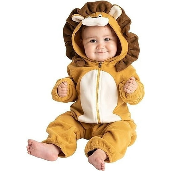 Cuddle Club One Piece Romper Hooded Fleece Onesie Jumper for Baby, Lion Brown 3-6 Mos