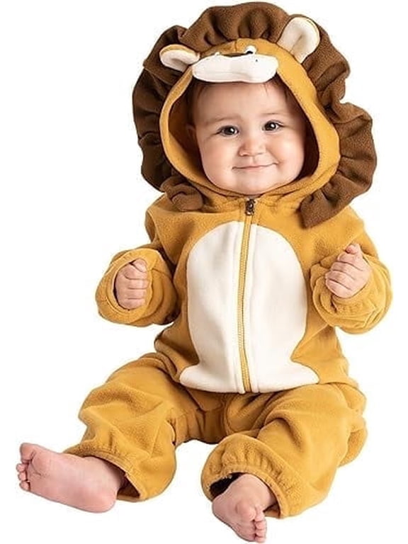 One Piece Romper Hooded Fleece Onesie Jumper for Baby, Lion Brown 3-6 Mos