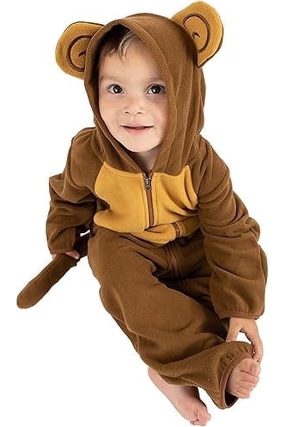 One Piece Romper Hooded Fleece Onesie Jumper for Baby, Monkey Brown/Tan 2T