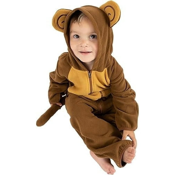 Cuddle Club One Piece Romper Hooded Fleece Onesie Jumper for Baby, Monkey Brown/Tan 3-6 Mos