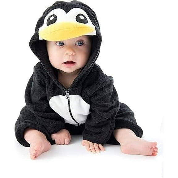 Cuddle Club One Piece Romper Hooded Fleece Onesie Jumper for Baby, Penguin 5T