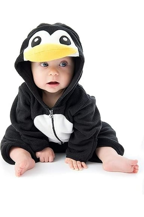 One Piece Romper Hooded Fleece Onesie Jumper for Baby, Penguin3-6 Mos