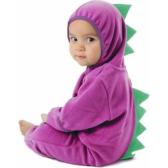 Cuddle Club One Piece Romper Hooded Fleece Onesie Jumper for Baby, Purple Green Dino 12-18 Mos