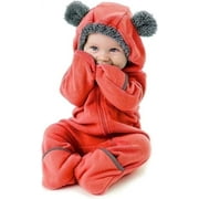 Cuddle Club One Piece Romper Hooded Fleece Onesie Jumper for Baby, Red Bear 5T