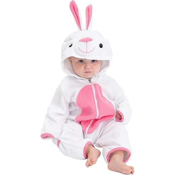 Cuddle Club One Piece Romper Hooded Fleece Onesie Jumper for Baby, White Pink Bunny 3T