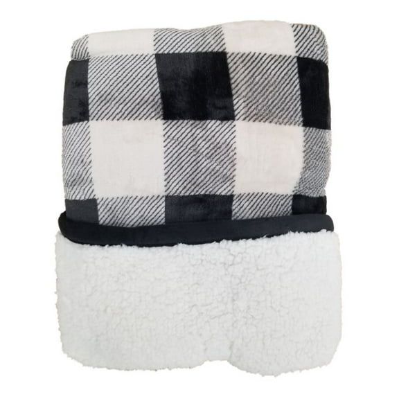 Cuddle Duds Black & White Buffalo Plaid Sherpa Fleece Micro Plush Throw Blanket