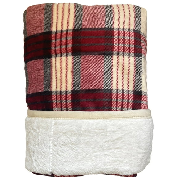 Cuddle Duds Khaki Tan & Red Plaid Fleece Micro Plush & Faux Fur Throw Blanket