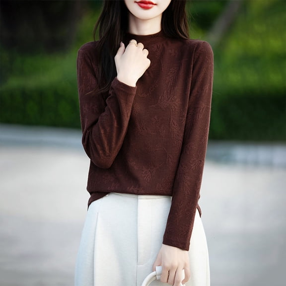 Cuddle Duds Women Pajamas Fall Fashion Must Haves Fashion Women's Casual Semi High Neck Solid Color Loose Base Knitted Sweater,Coffee,M