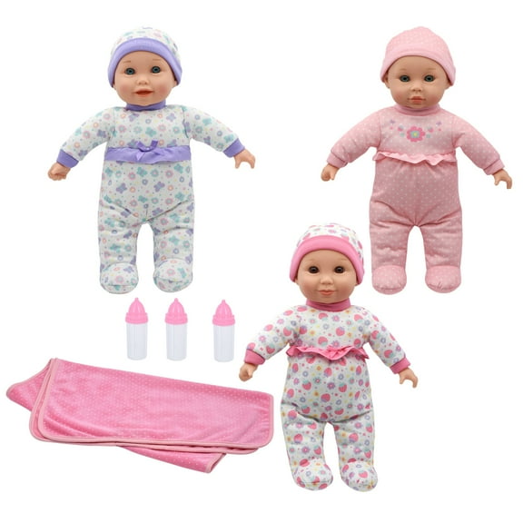 Cuddle Kids 14" Lovable Talking Triplets Dolls W/ Large Blanket & 3 Bottles, Kids Ages 2+