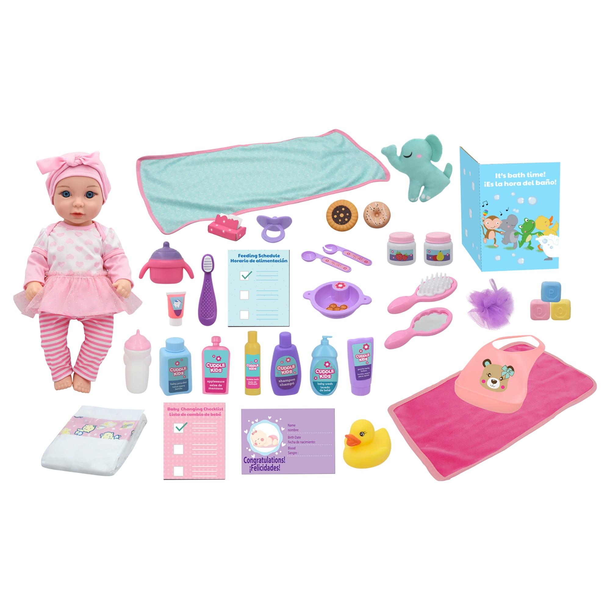Cuddle Kids: Love N' Feed Playset - 15" Baby Doll - Pink Tutu Outfit - Cuddly Elephant Plush, 33pc Care Toy Accessories, Hard Body, Kids Age 3+