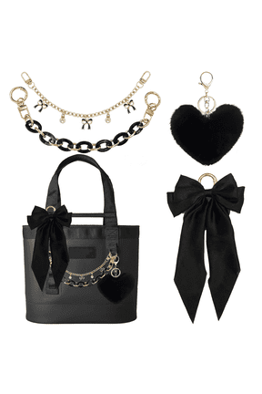 Bag Charms for Tote Bags, Satin Bow Keychain Kit Accessories for Yeti Camino, Fluffy Ball Gold Chains Charms for Women Purse Beach Handbag (Black)