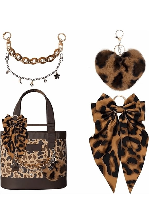 Bag Charms for Tote Bags, Satin Bow Keychain Kit Accessories for Yeti Camino, Fluffy Ball Gold Chains Charms for Women Purse Beach Handbag (Leopard Print)