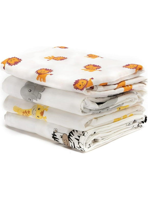 Cuddlebug Muslin Baby Swaddle Blankets for Boys and Girls 0 to 3 Months - Baby Blankets - 4 Pack (Safari Friends)