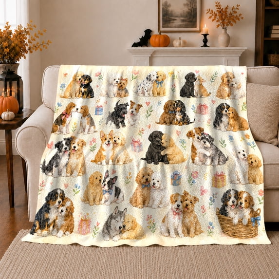Cuddling Dogs Hearts, Playful Pet Portrait Pattern, Warm Flannel Blanket for Living Room and Reading Nook with Detailed Artwork, Dog Lovers Friendship Gift, Pet Lover Home Decor