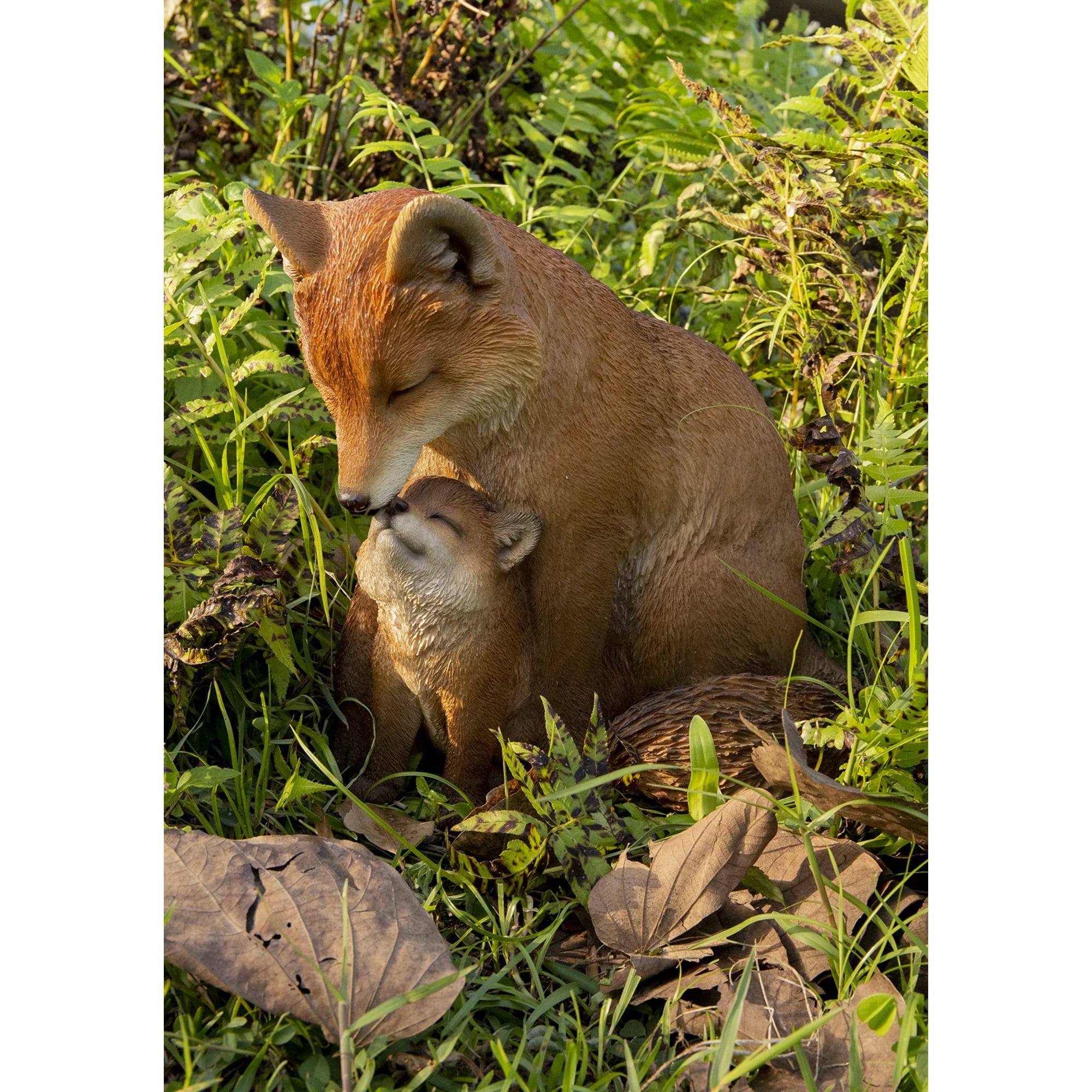 Hand Painted Brown Polyresin Mother and Baby Fox Garden Statue