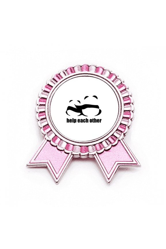 Cuddling Pandas Helping Each Other Badge Brooch Pin Pink Winner Award Medal