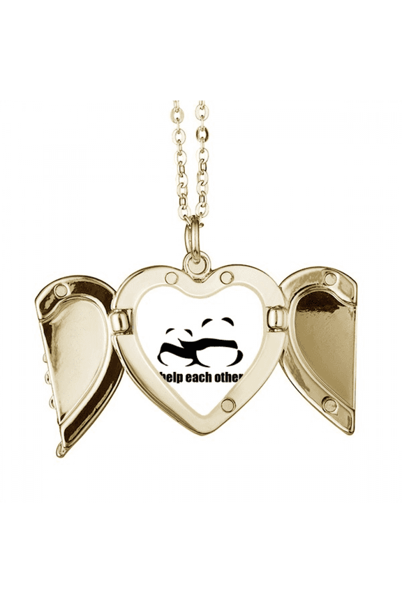 Cuddling Pandas Helping Each Other Folded Wings Peach Heart Pendant Necklace
