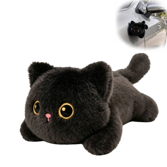 Cuddly Black Cat Magnetic Plush Decor, Soft Stuffed Cat Magnet for Car Dashboard Side Mirror, Decorative Magnet for Fridge Locker Office Cat Lovers Gift