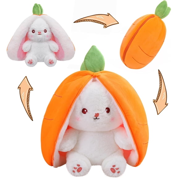 Cuddly Bunny Stuffed Animal, Kawaii Squishy Cute Easter Bunny Plush Turn Into Rabbit Fruit Doll Carrot Strawberry Pillow, Plushies Funny Bunny Toy for Baby (Carrot Rabbit, 10inch)