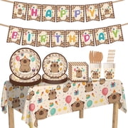 Cuddly Capybara Birthday Party Tableware & Decor Kit - Serves 10, Includes 7/9 Inch Plates, Cups, Napkins, Cutlery,  Happy Birthday  Banner & Tablecloth, Ideal for Kids  Birthdays & Fun Celebrations